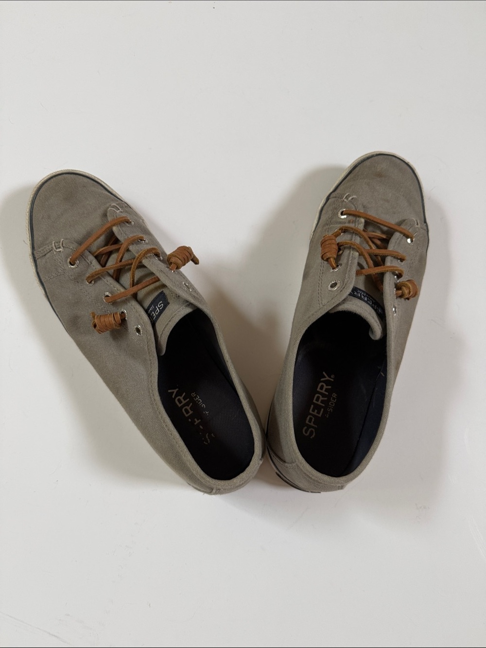 Sperry Olive Gray Canvas Boat Shoes with Brown Laces